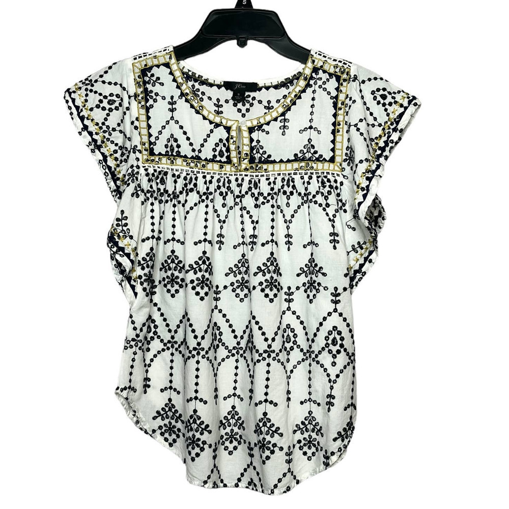 J. Crew Flutter Short Sleeve Eyelet Embroidered Boho 100% Cotton Top Size Small